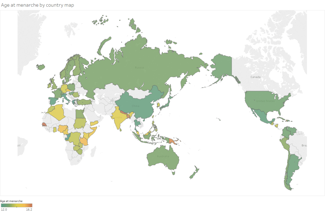 Age at menarche by country map