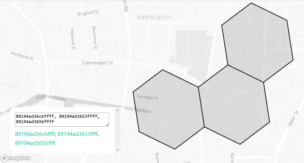 A map showing the adjacency of cells  89194ad36cbffff, 89194ad365bffff and 89194ad3653ffff.