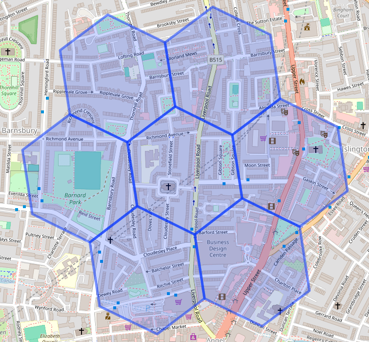 Map with 7 blue polygons representing a target hex and its 6 neighbours