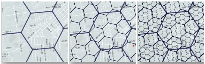 The same geographic area with an overlay of three sizes of hexagons of diminishing size